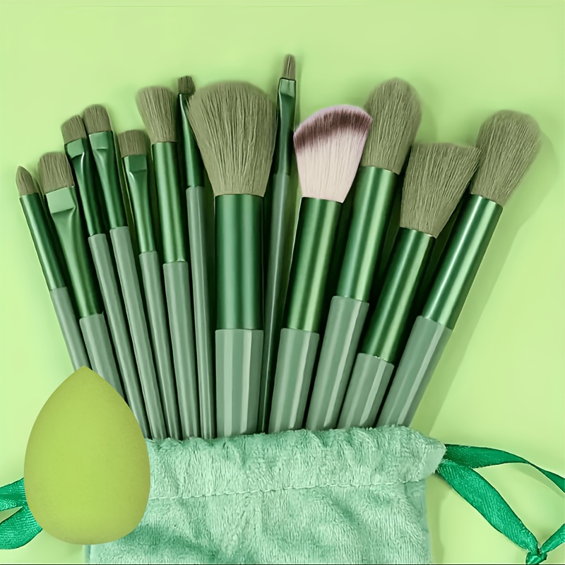 13 Green Makeup Brushes 1 Green , Soft Nylon Bristles For Needs Basic, Blush, Concealer & Eyeshadow, Hypoallergenic, Abs Plastic Handle Easy To Clean, Suitable For Beginners And Professionals.
