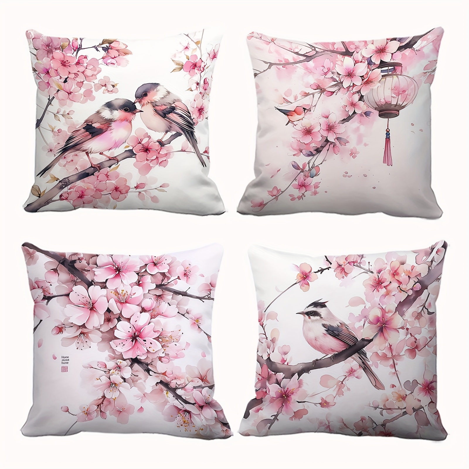 E-shop 4er-Set Kissenbezüge, Chinesischer Stil, weißes Grundmotiv mit rosa Kirschblüten und Laternenmustern, quadratische Kissenhülle, Party-Deko,