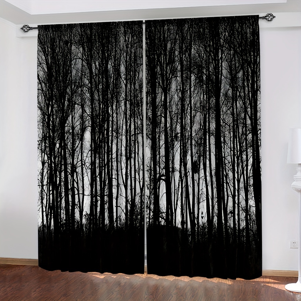 E-shop 2 Stück Gothic Vorhänge, Düstere Dunkle Waldnebel Geheimnisvolle Tannenwald Verdunkelungsvorhänge mit Stangenhalterung für Schlafzimmer