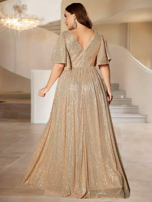Plus Size, Women's Plus Size V-Neck Waist-Cinching Sequin Lace Dress Plus Size, Women's Plus Size V-Neck Waist-Cinching Sequin Lace Dress