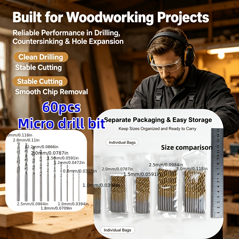 TEMU Jeu de 60 forets à métaux - / Micro-forets, forets rotatifs de 30 mm à 56 mm de longueur, adaptés au métal, à et au composite bois-plastique,