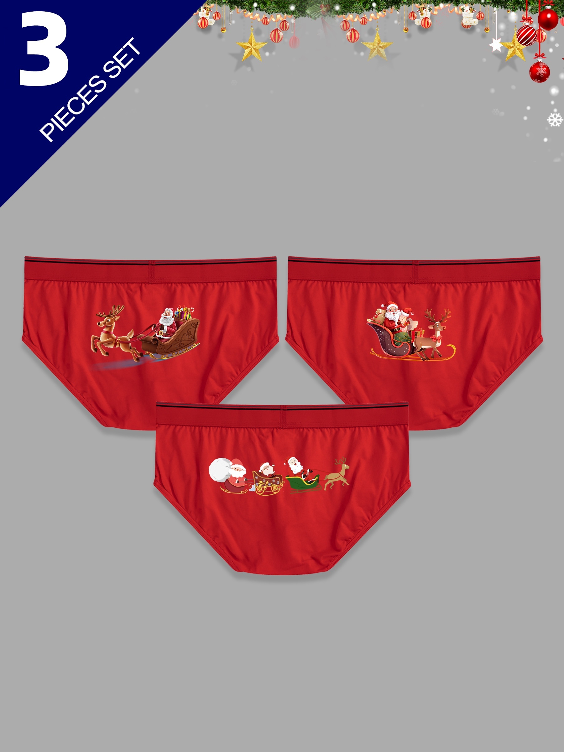 3pcs Men'S Christmas Boxer Briefs - Santa, Reindeer & Snowflake Print, Soft Breathable Cotton