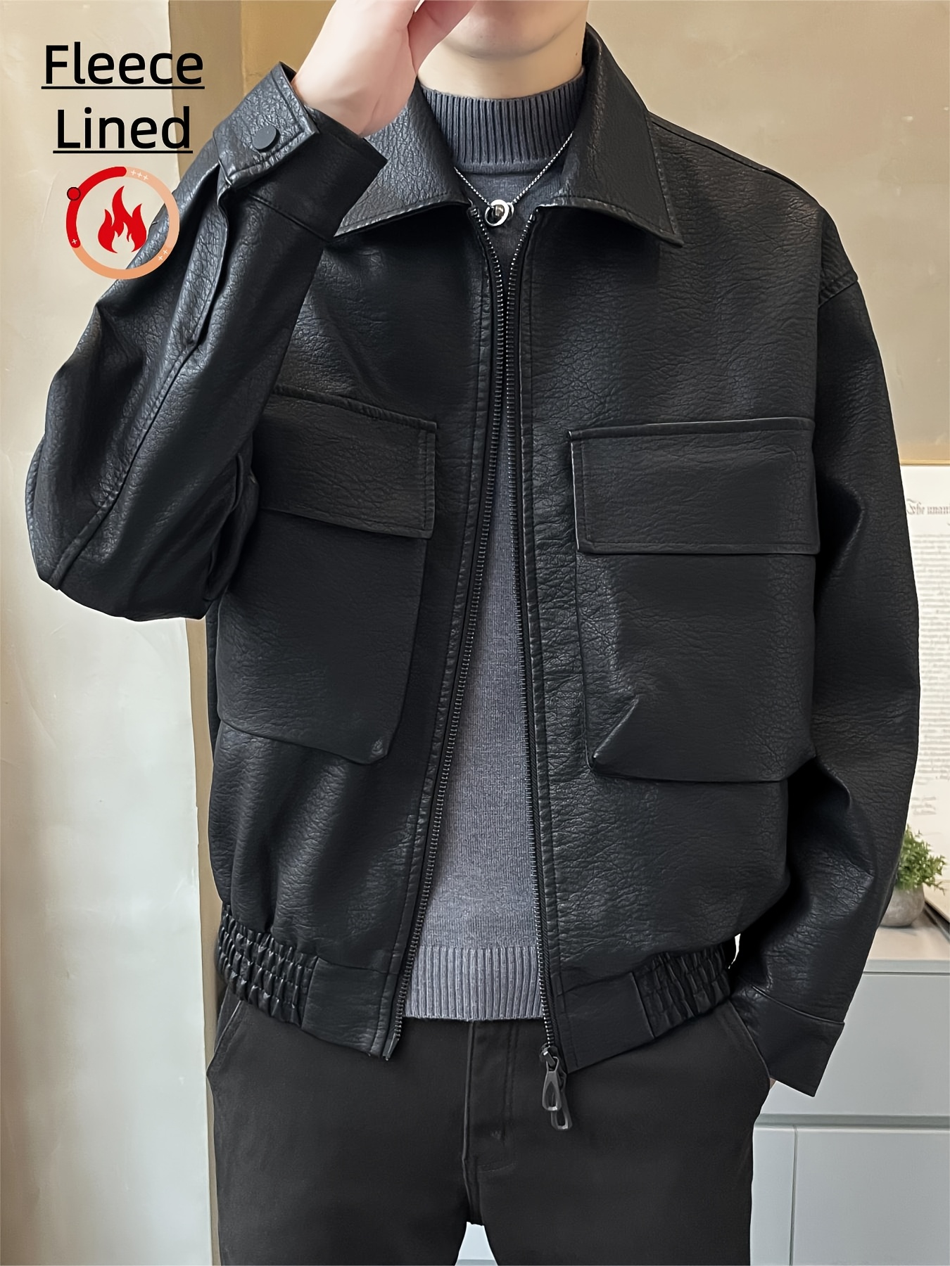 mens autumn winter lined pu pu leather lapel loose jacket - Temu