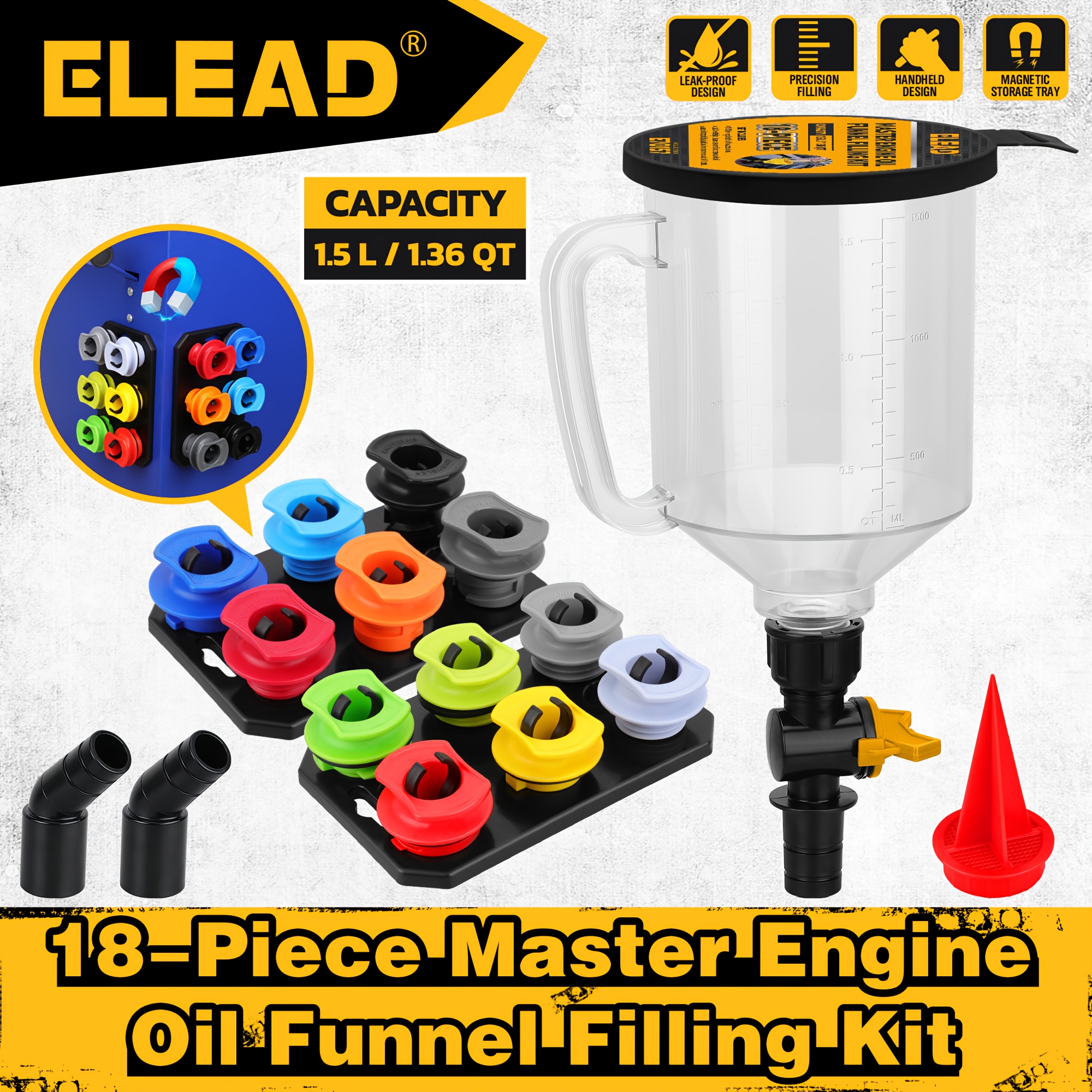 Elead 18pcs Engine Oil Funnel Filling Kit, 1.36qt/1.5l Coolant Funnel Set, Funnels For Automotive Use, 12 Adapters, Elbow Fitting, Arrow Screen, Magnetic Storage Hooks Tray, No-spill Oil Change Tools