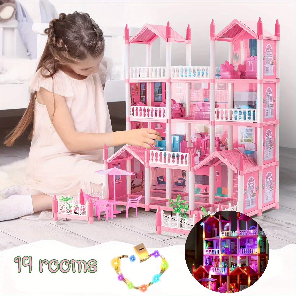 

Doll House For Girls, 14 Rooms Dollhouse With Dolls Figure, Puppies, Furnitures, Accessories, Led Light, Toddler Playhouse Gift For For 3 Year Old Girls Toys (pink)