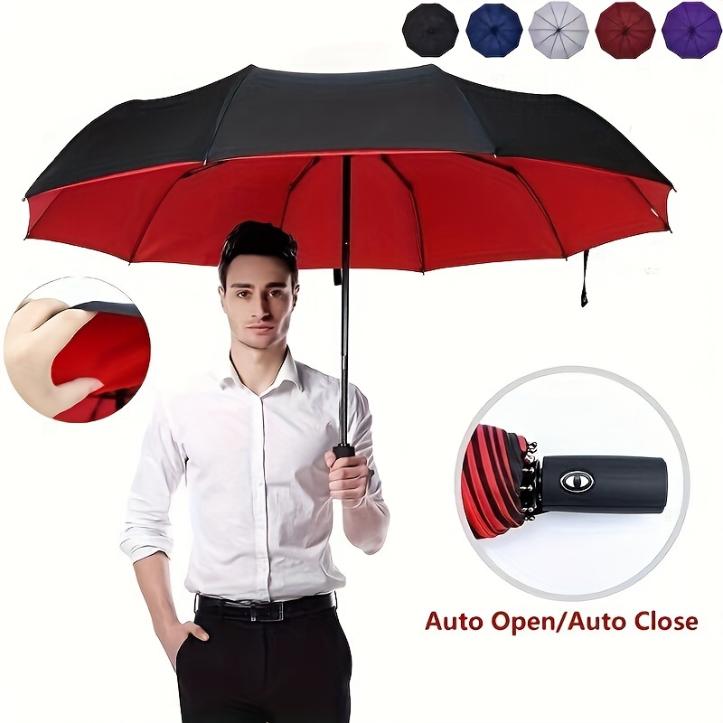 

Large Solid Color Folding Umbrella With Uv Protection, Waterproof & Windproof 10 Ribs Automatic Folding Umbrella For Men & Women