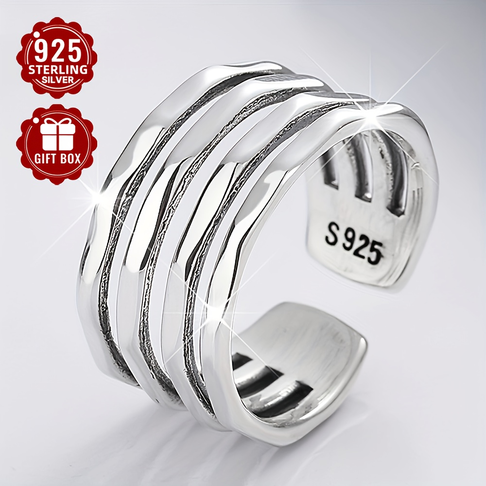 925 Pure Silvery Wide Face Ring for Women, Adjustable Retro Irregular Layer Ring