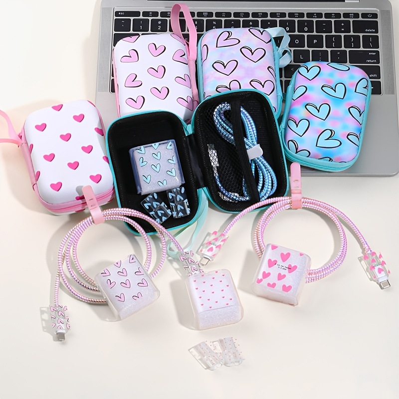 

6pcs Heart Pattern Eva Cable Management Set, Includes Cable Organizer, Protective Caps, And Storage Pouch For Iphone 20w Fast Charging Cables - No Battery