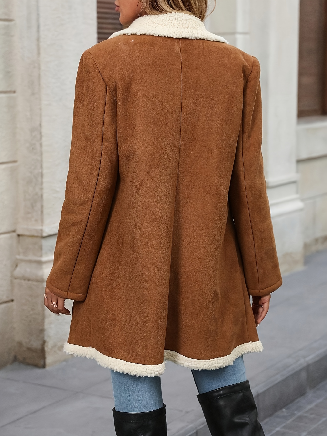 womens elegant long sleeve coat chic brown double breasted jacket with fluffy lining button   and flap pockets for fall winter stylish outerwear chic long sleeve   jacket womens outerwear sophisticated   quality stitching stylish ladies   working professionals light brown 1 2