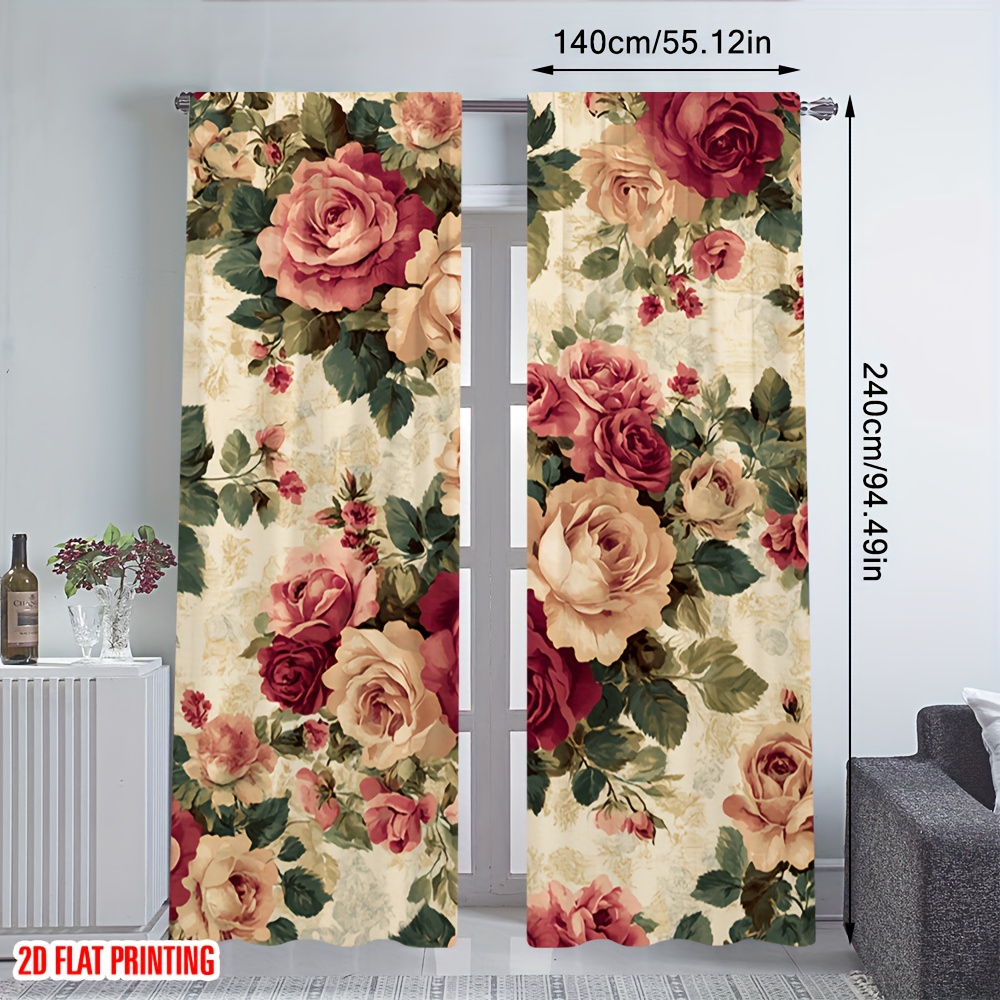 TEMU 2pcs, Vintage Floral Pattern Decorative Printed Festivals Way Curtain, Pole Bag Design, , Living Room, Office, Bedroom, Kitchen, Coffee Shop,