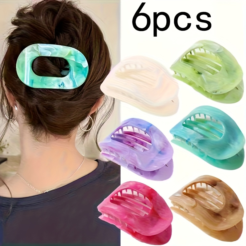 6pcs New Marble Gradient Hair Clips, Non-Irritating Flat Oval Claw Clips, High-End Shark Clips