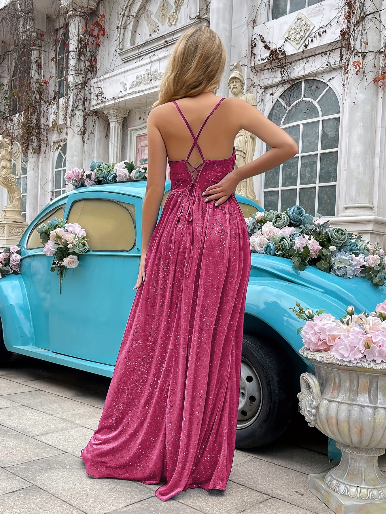 Glitter High Slit Backless Bridesmaid Dress