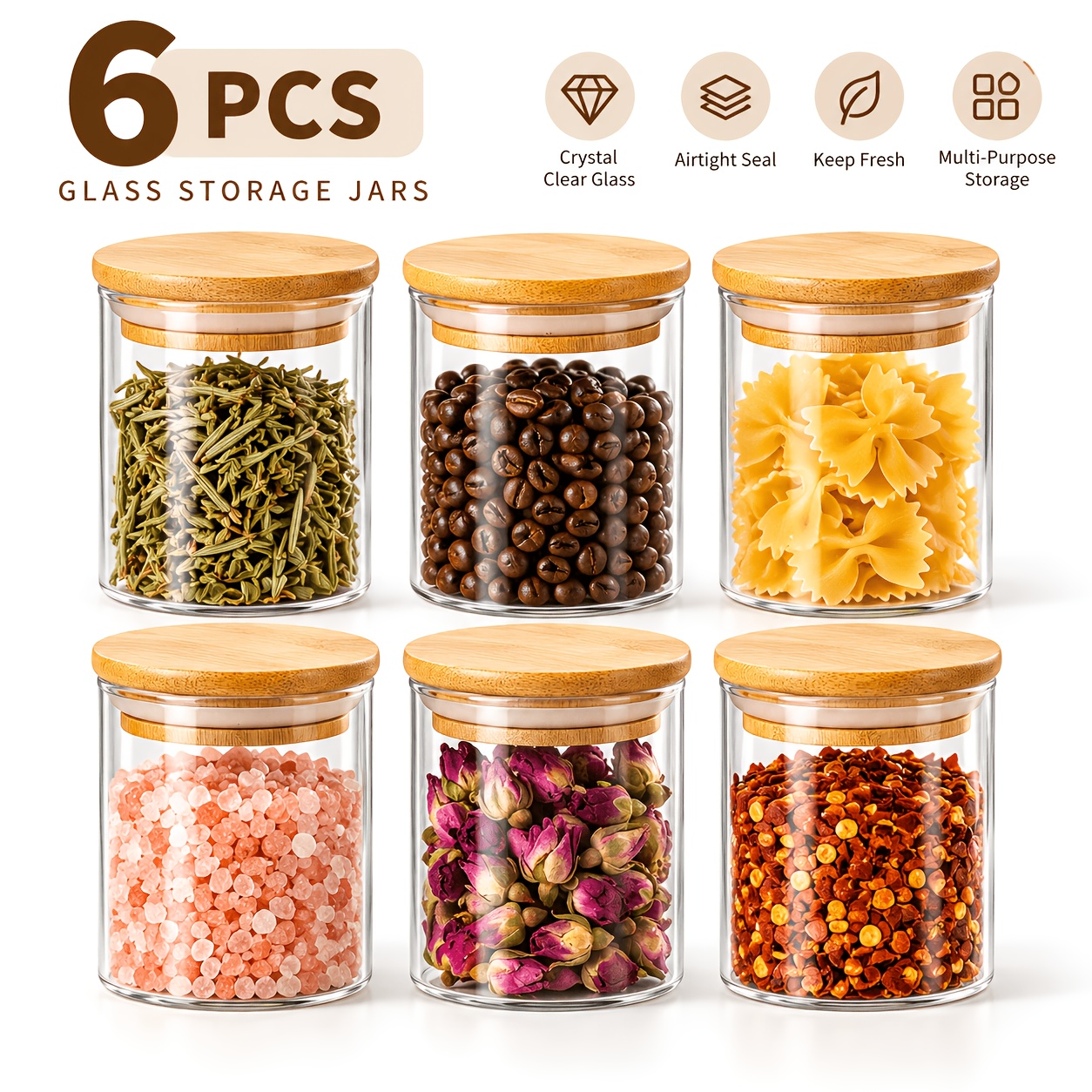 TEMU 6pcs Glass Storage Jar Set With Bamboo Lids, Food Storage Containers, Airtight Canisters For Coffee, Tea, Spices, Nuts, Grains, Cereal & Snacks,