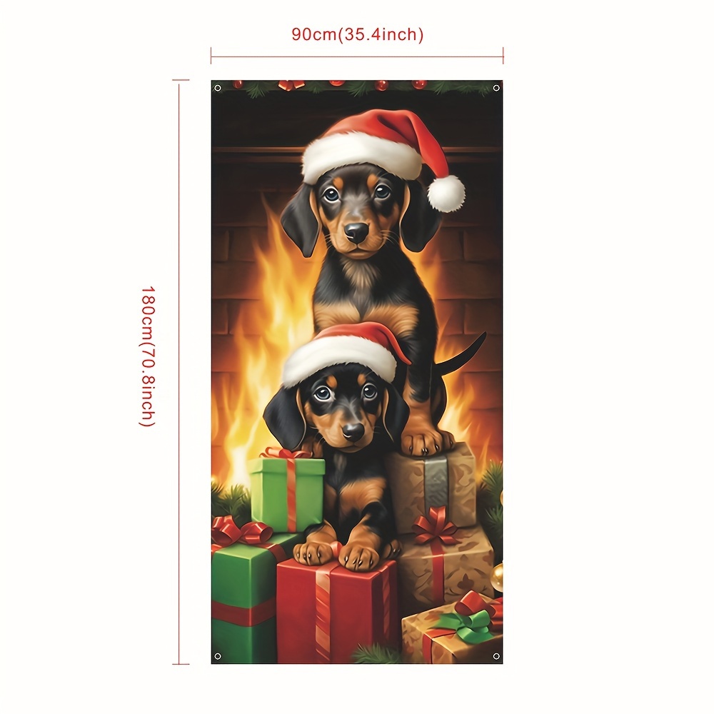 TEMU 2d Door Banner Christmas Banner Featuring A Cute Dachshund Lying On Presents, Durable Polyester Front Door Decoration, Holiday Decor For