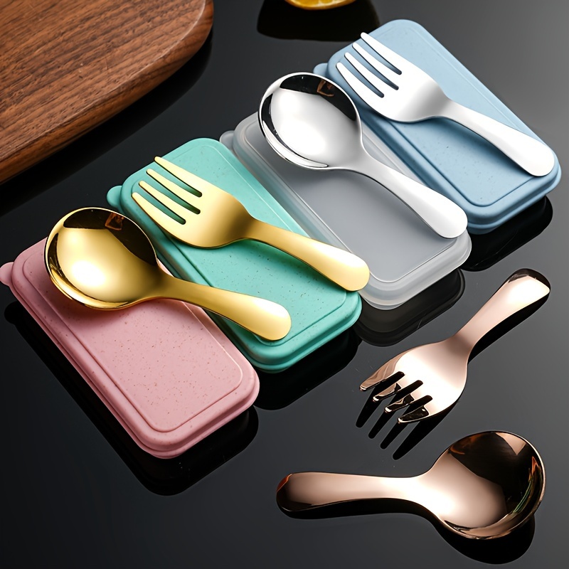 

3pcs New Stainless Steel Fork And Spoon Set (fork + Spoon + Box), Party Travel Portable Stainless Steel Round Head , Multi-functional Ice Cream Cake Fruit Fork And Spoon