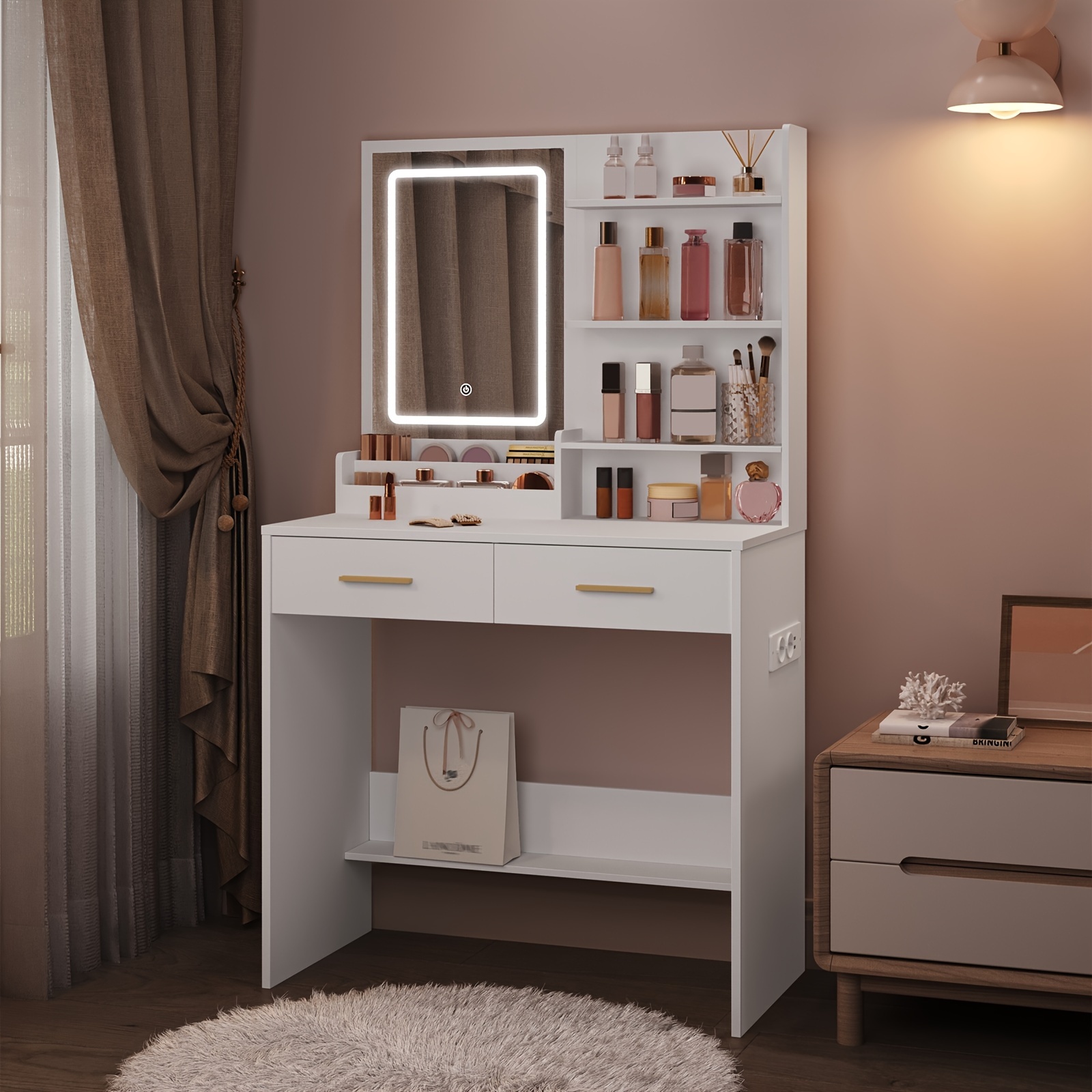 Produktbild von Schminktisch Ohne Spiegel TRIUMPHKEY Schminktisch Mit Hollywood-LED-Leuchten, Schminktisch Mit USB- Anschluss Und Steckdose, 1 Schublade, 2 Ablagen, Moderne Make-up-Station, Für Schlafzimmer (Weiß Schminktisch Kinder