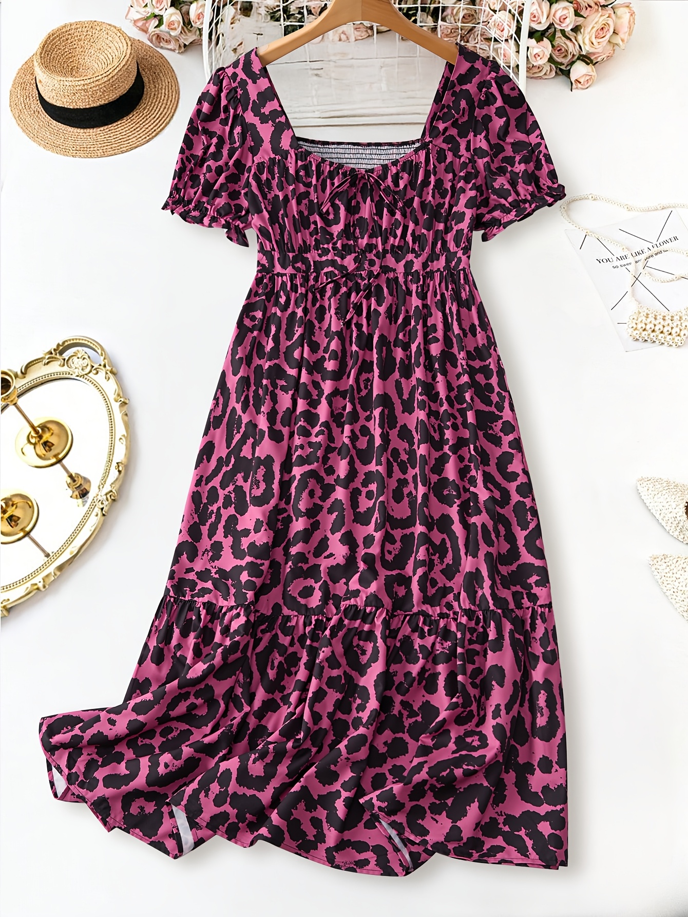 vestido elegante plus size com decote quadrado e estampa de Temu