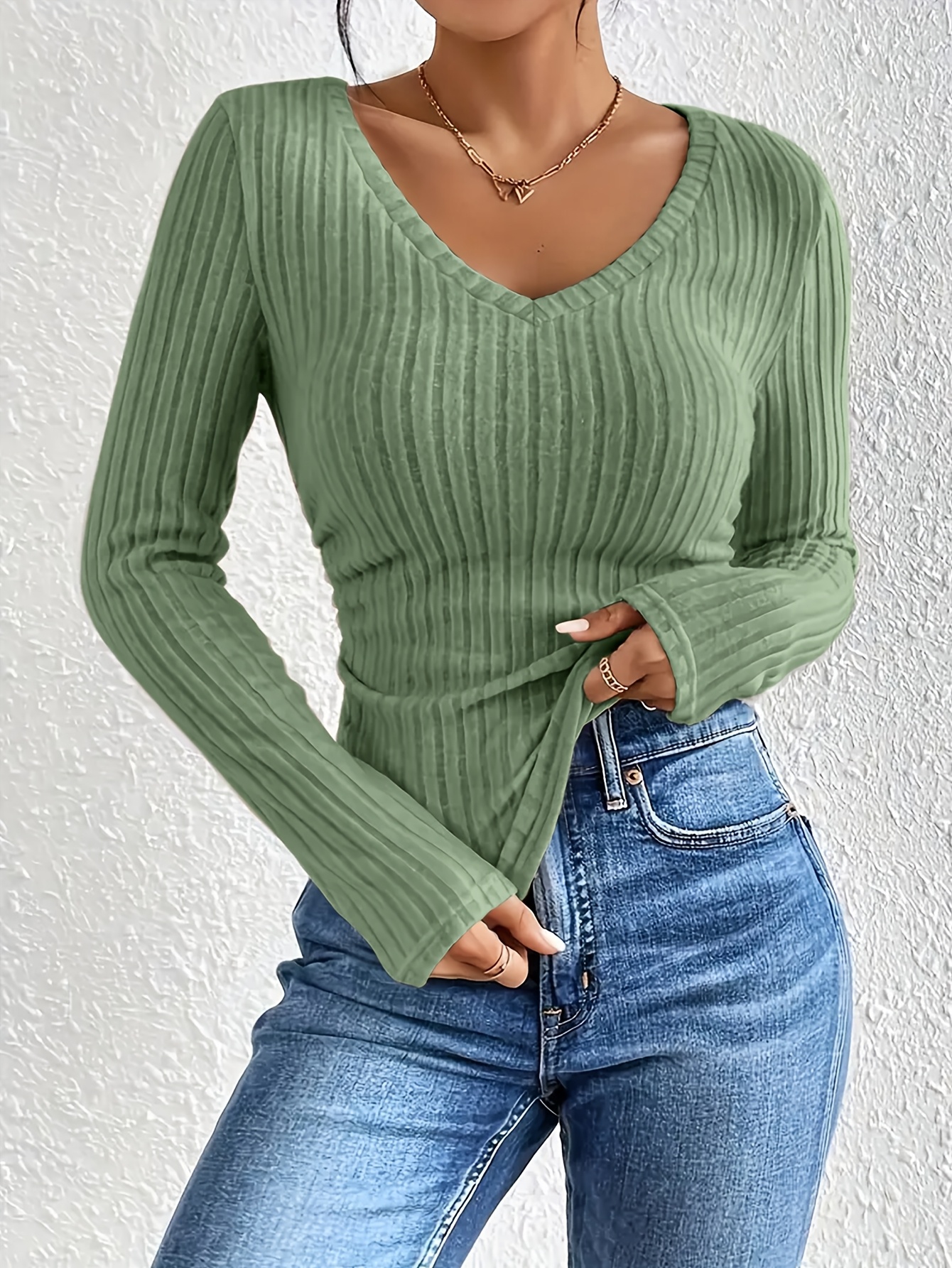 Women's V-Neck Long Sleeve Ribbed Brushed Loose T-Shirt, Western Style