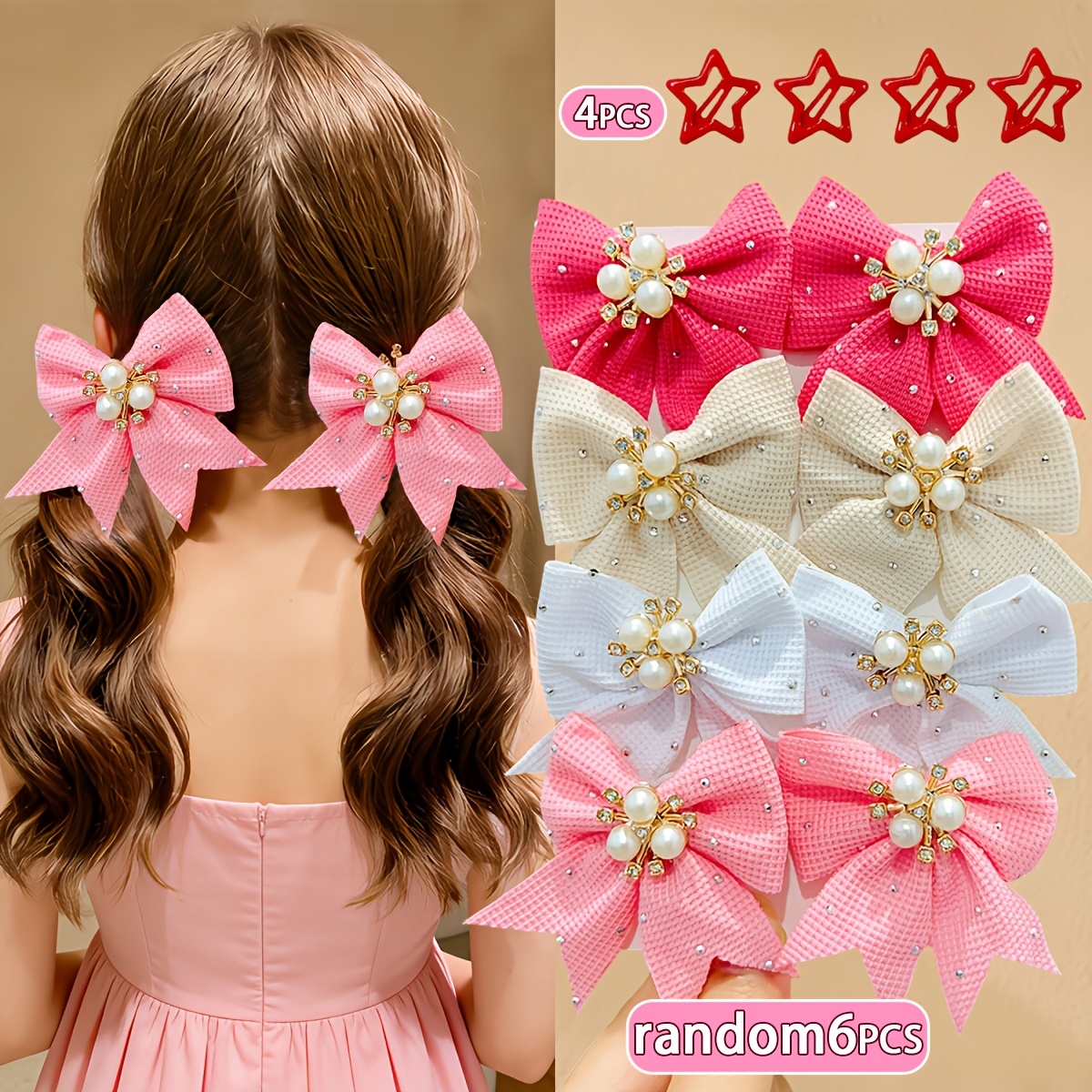 TEMU 10pcs Set, Random Colors, Pearl Bow Hair Clips And Star Hair Clips, Hair Additions, 6 Bow Clips + 4 Star Clips, Suitable For ' Double Ponytails,