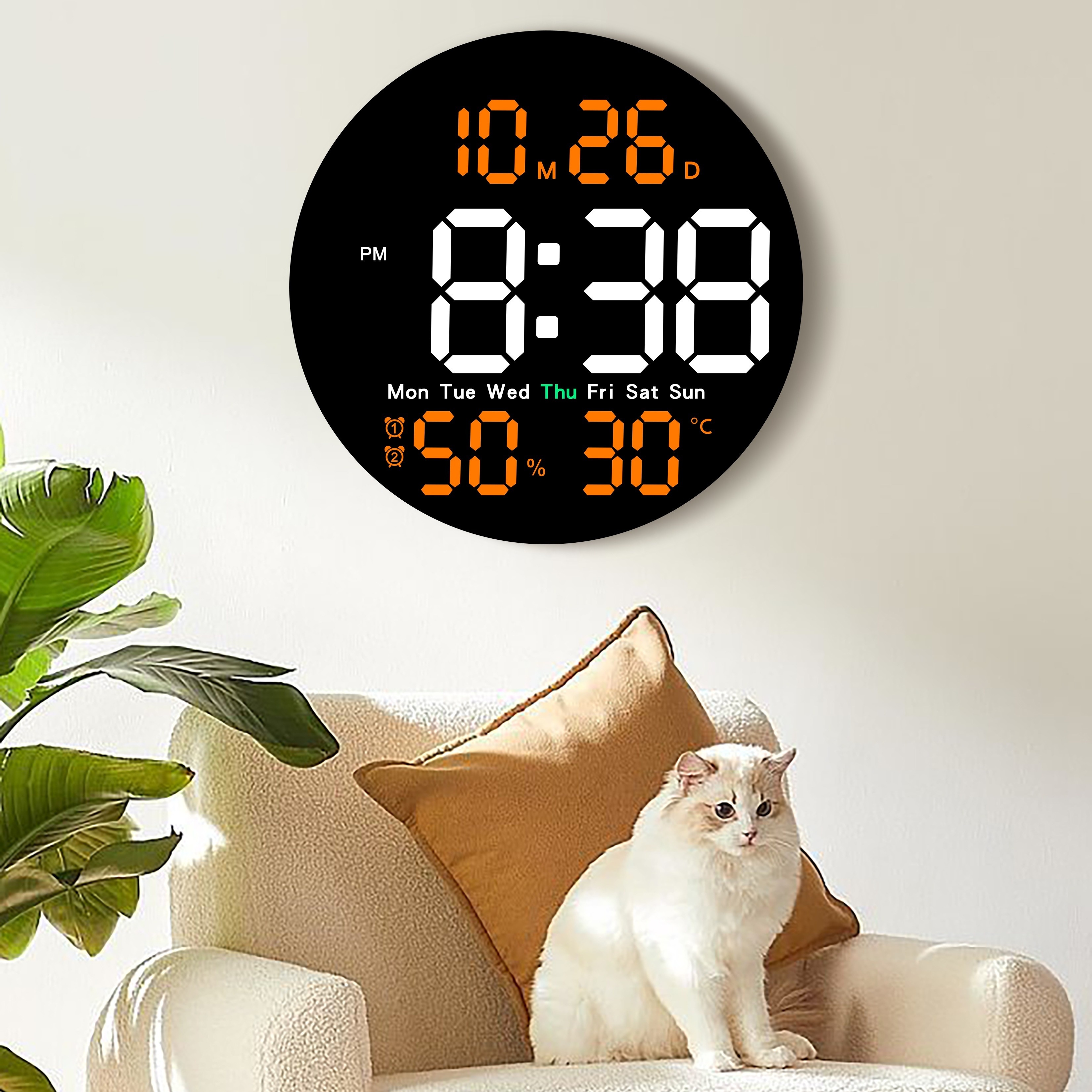 Reloj de pared digital LED, reloj de pared con calendario de pantalla de 9  pulgadas, con alarma, temperatura interior, control remoto, pantalla LED  grande, reloj de pared para dormitorio, oficina, : 