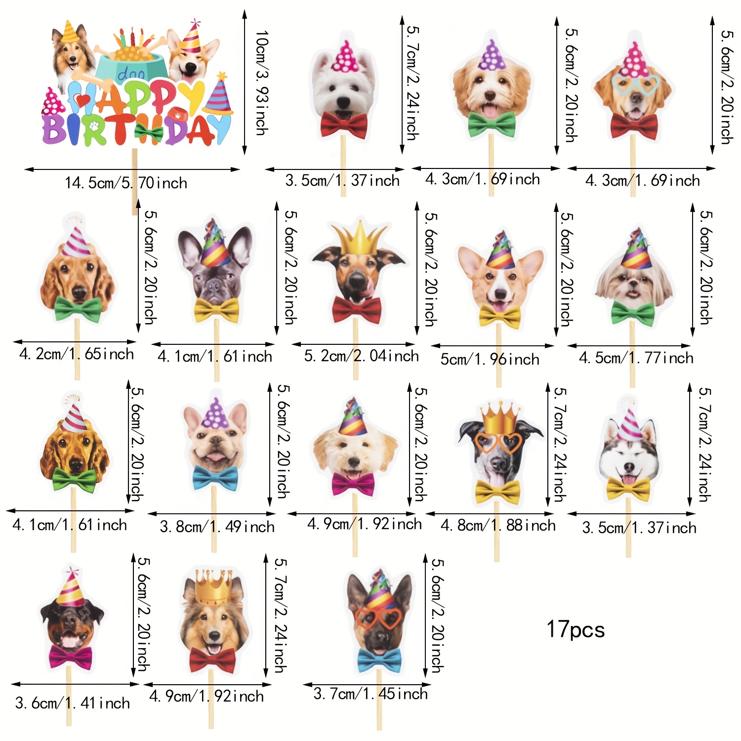 Image of 17-pack Dog Birthday Cake Toppers, Cupcake Decorations, Happy Birthday Dog Cake Toppers, Puppy Theme Party Dog Cake Decorations