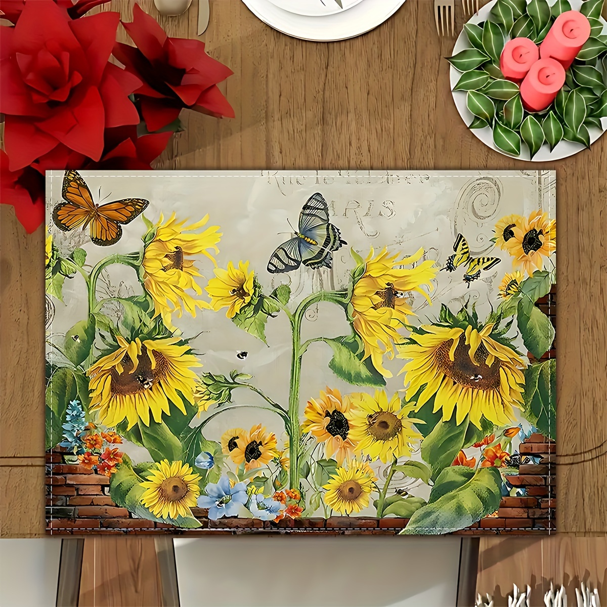 

4/6 Placemats, Vintage Sunflower And Butterfly Tableware Mats. Suitable For Kitchen Counter Coffee Bar Table Decoration, Home Mats, 12.6 X 16.5 Inches.