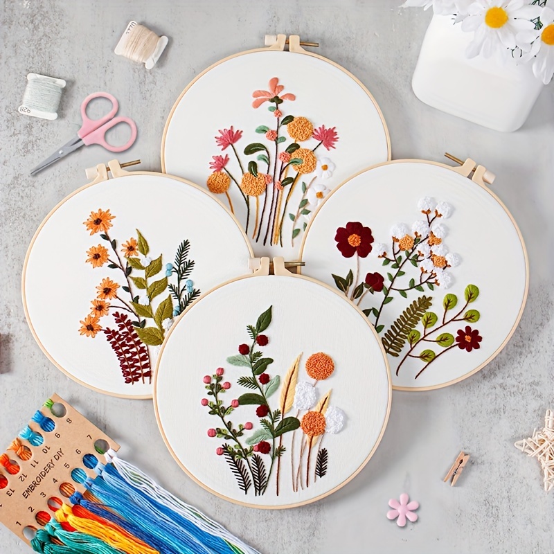 

Set (4pcs) Embroidery Kit, Flowers, Plants And Flowers, Including 1 Embroidery Cloth 7.9 Inches