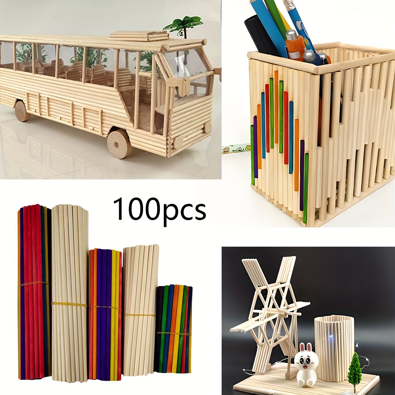 

100pcs Wooden Stick Set, Diy Crafts, Decorations, Ornaments, 25pcs*10cm+50pcs*15cm+25pcs*20cm