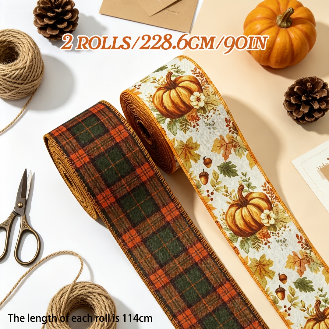 TEMU 2 Rolls, Autumn Pumpkin-themed Ribbon Set With Threaded Edges, Fall Thanksgiving Plaid And Floral Pattern Ribbons, Polyester Decorative Ribbons,