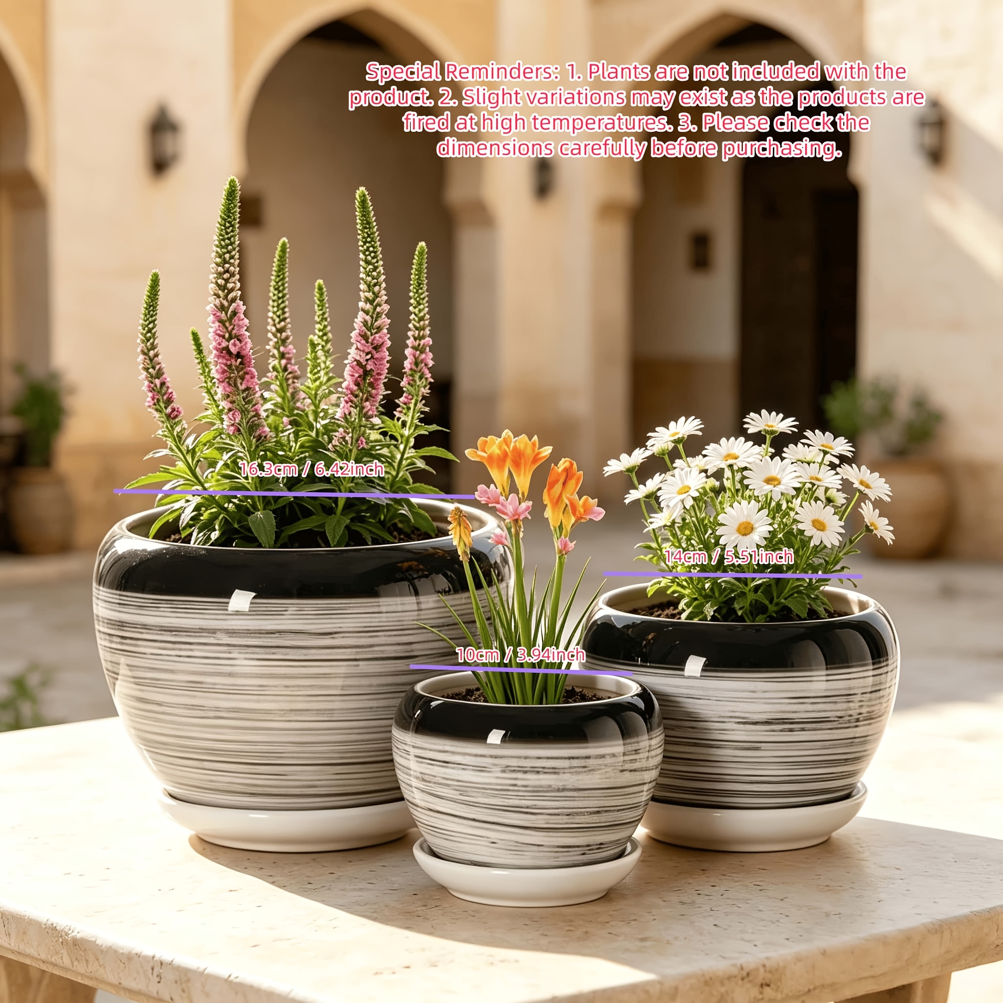 TEMU Set Of 3 Black-and-white Gradient Ink-wash Striped Ceramic Plant Pots With Saucers And Drainage Holes, Modern Minimalist Planters For Succulents