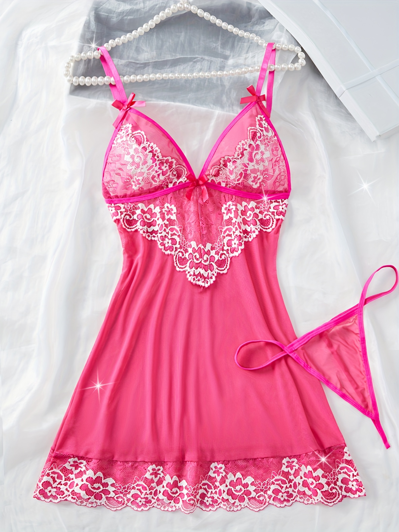 2pcs Pijama Elegante de Encaje Semi-Transparente para Mujer - Vestido Sin Espalda con Lazo, Conjunto de Pijama Combinado para Todas las Estaciones, Lavado a Mano, Conjunto de 2pcs (No) - Ropa de Descanso Femenina