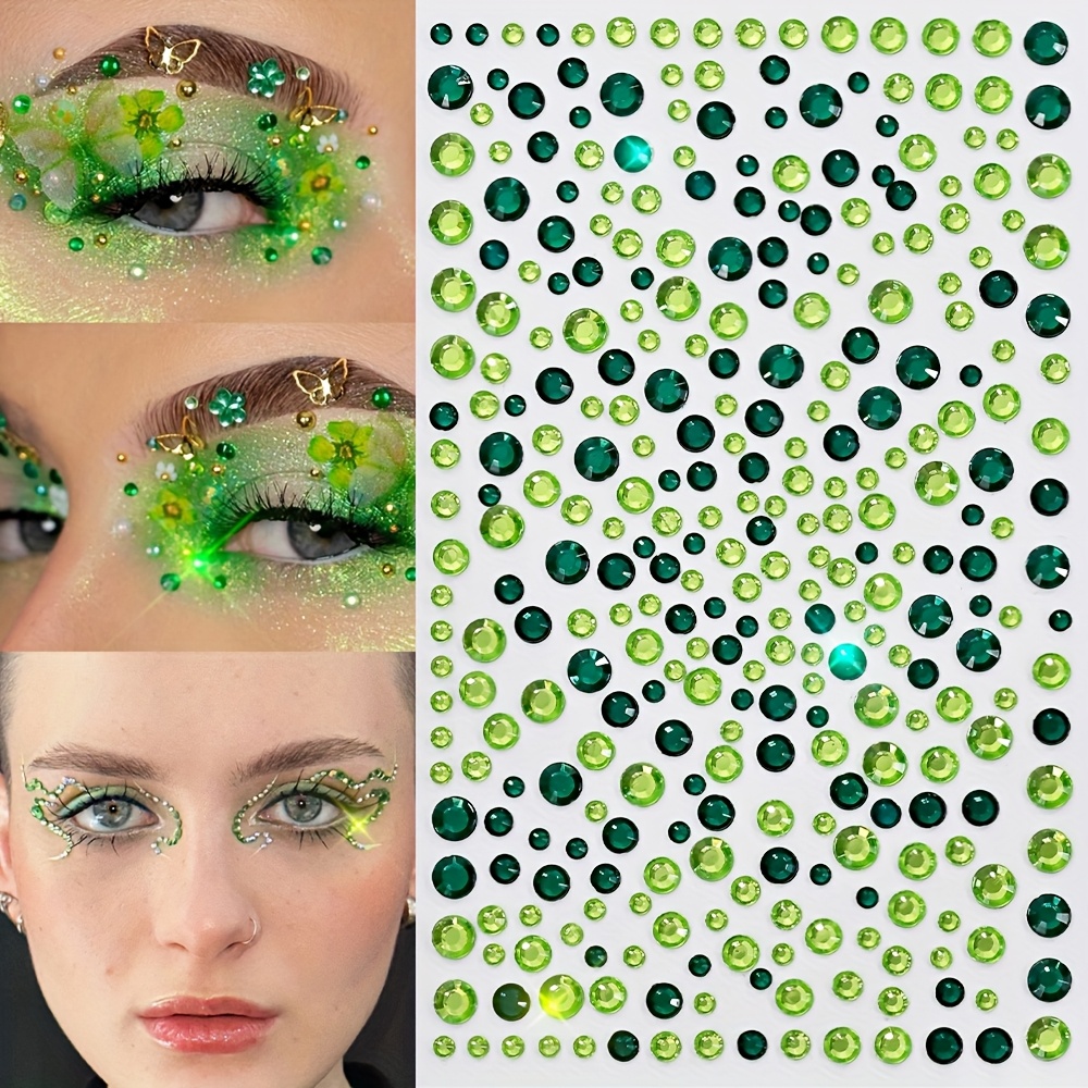 TEMU Green Face Gems For Halloween, 1pc Self-adhesive Circle Face Dots & Sparkling Green Rhinestones, Festival Makeup Jewels