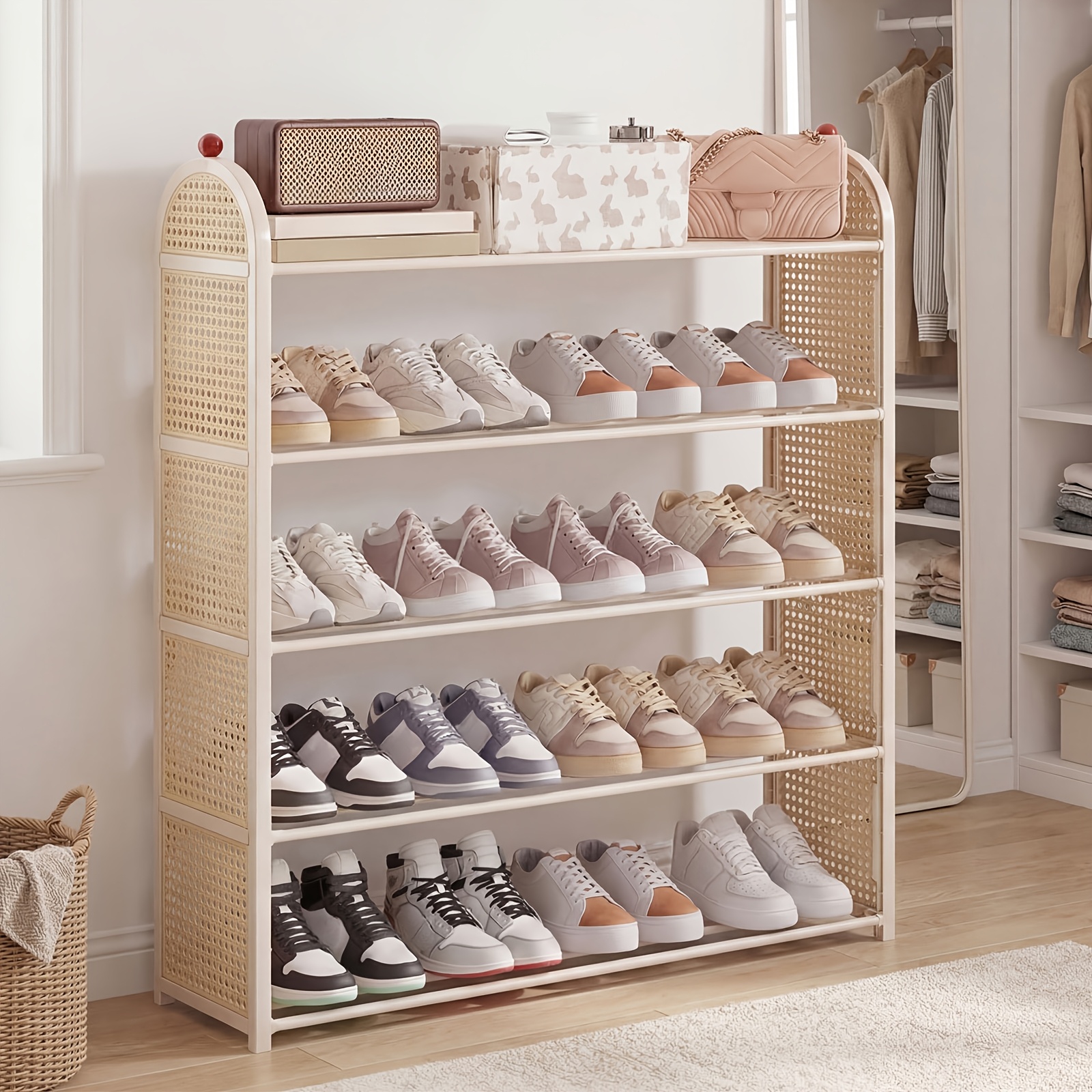 TEMU Étagère à chaussures 1 pièce 5 niveaux 81 cm, organisateur de chaussures autoportant de grande avec panneau latéral style rotin, pour entrée,