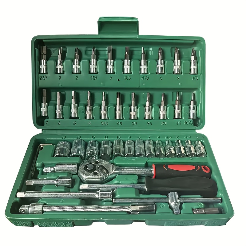 

46pcs 1/4 Inch Socket Ratchet Wrench Set With Drill Bit Socket Set, Extension Rod Universal Joint Sliding Rod Extension Socket Set For Auto Repair