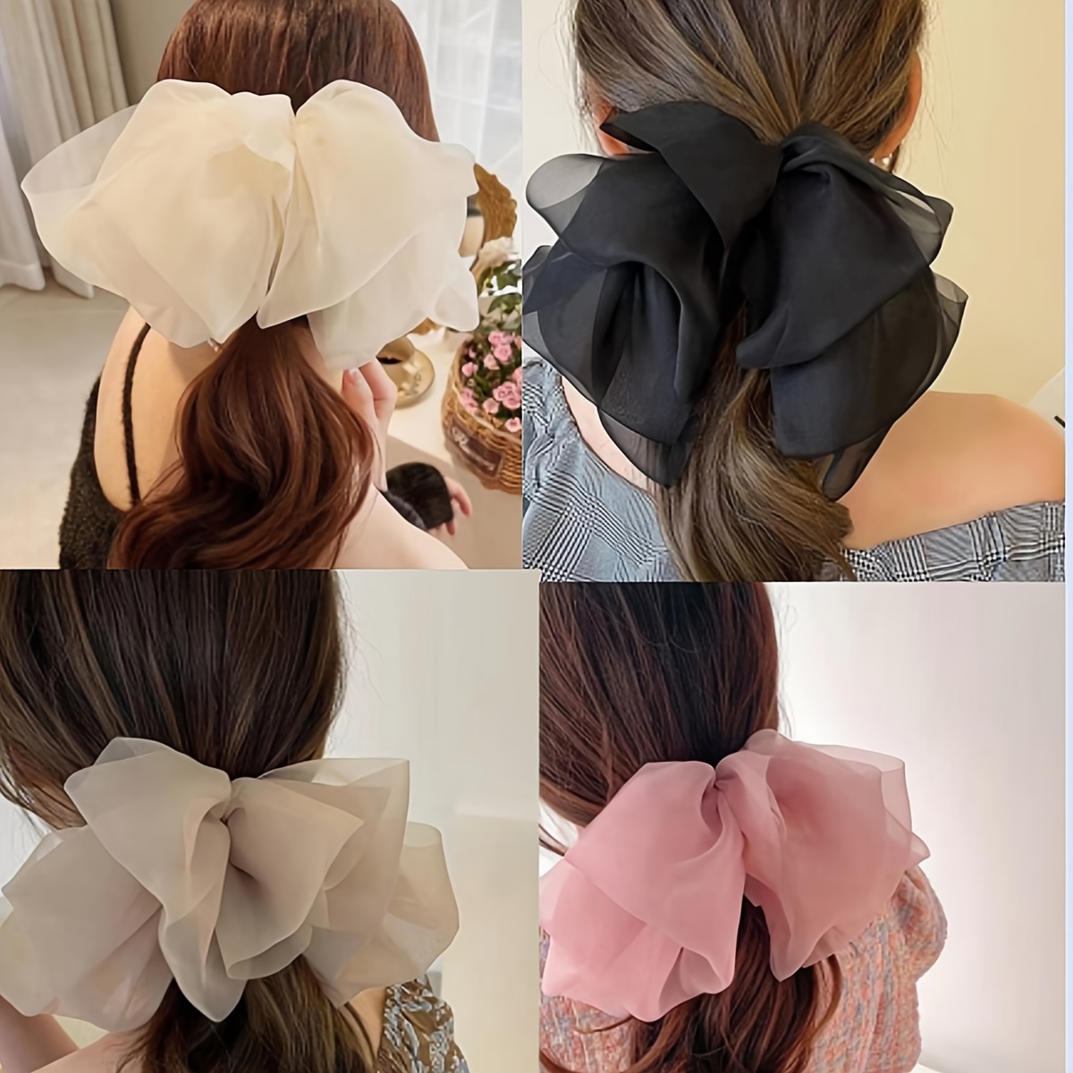 

4pcs Elegant Chiffon Big Bowknot Decorative Hair Clips Trendy Non Slip Ponytail Holders For Women And Daily Uses Wear