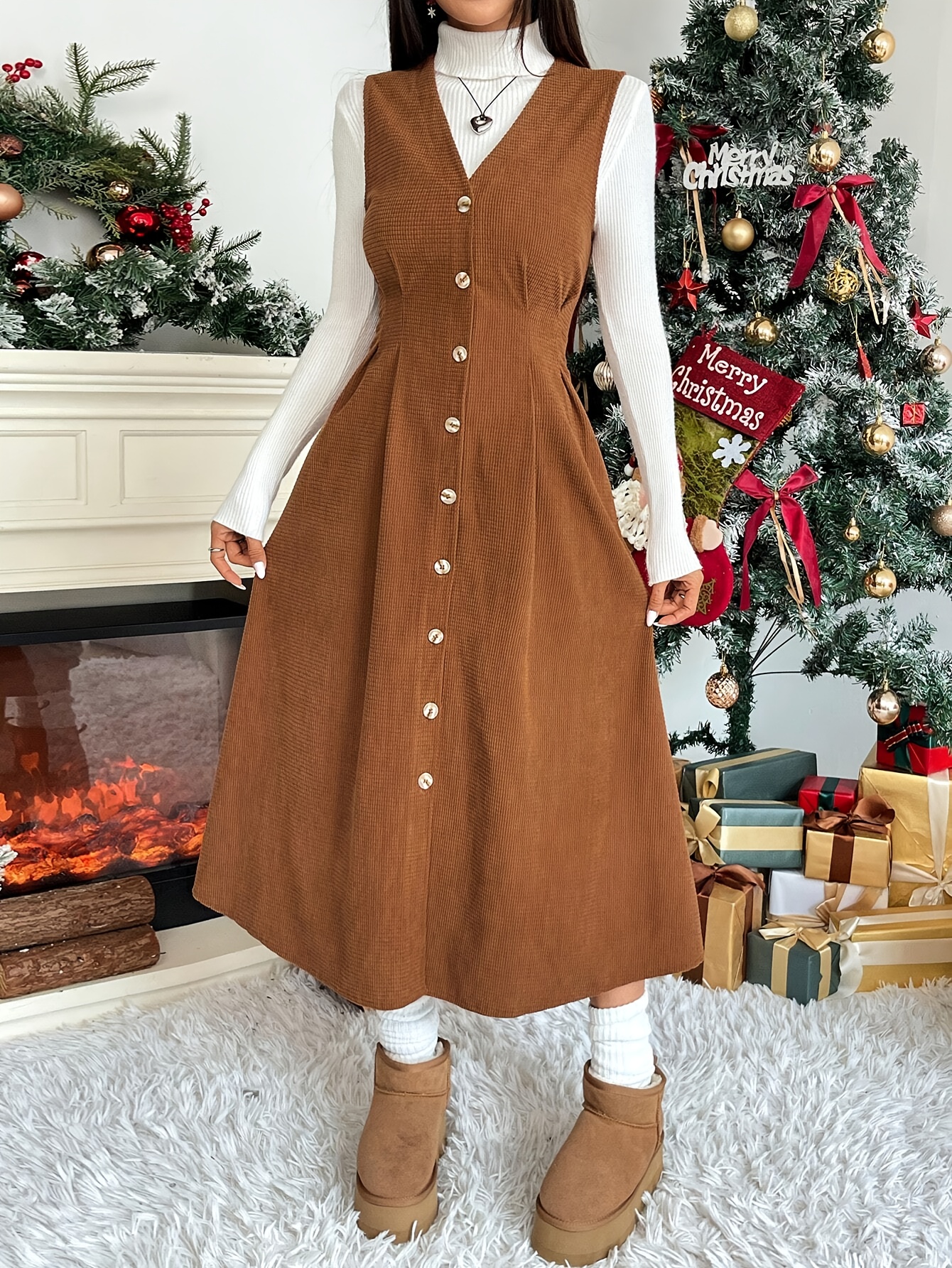 womens vintage casual corduroy a line sleeveless dress - Temu Oman