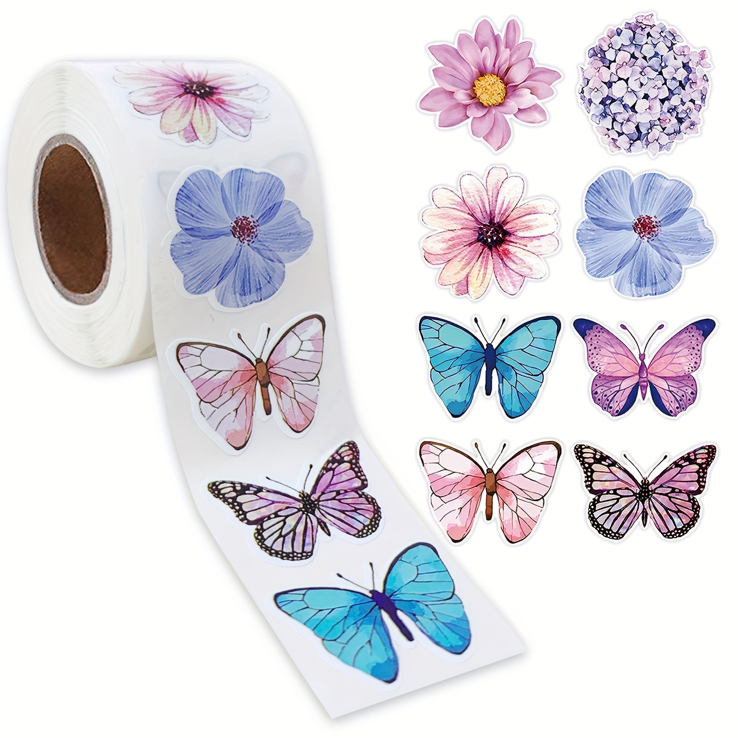 

500-piece Butterfly & Floral Sticker Roll - Self-adhesive, Shiny Finish For Gift Boxes & Crafts