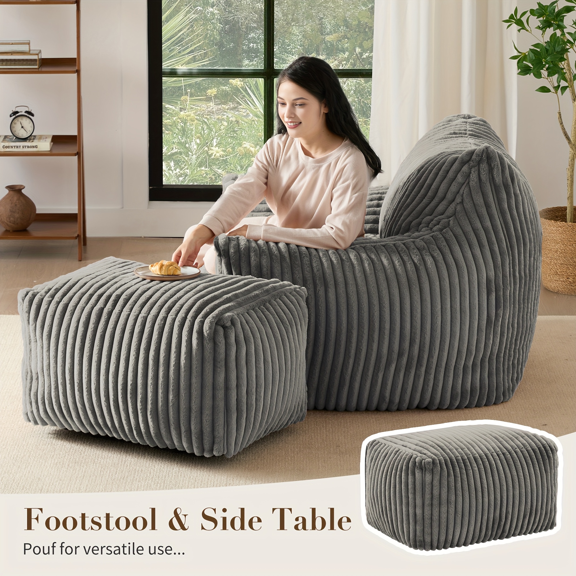 living giving giant plush bean bag chair with footstool for adults with armrests oversized comfy beanbag lounge lazy floor sofa chair for living room bedroom restaurant dorm cozy fluffy single cloud mini couch details 4