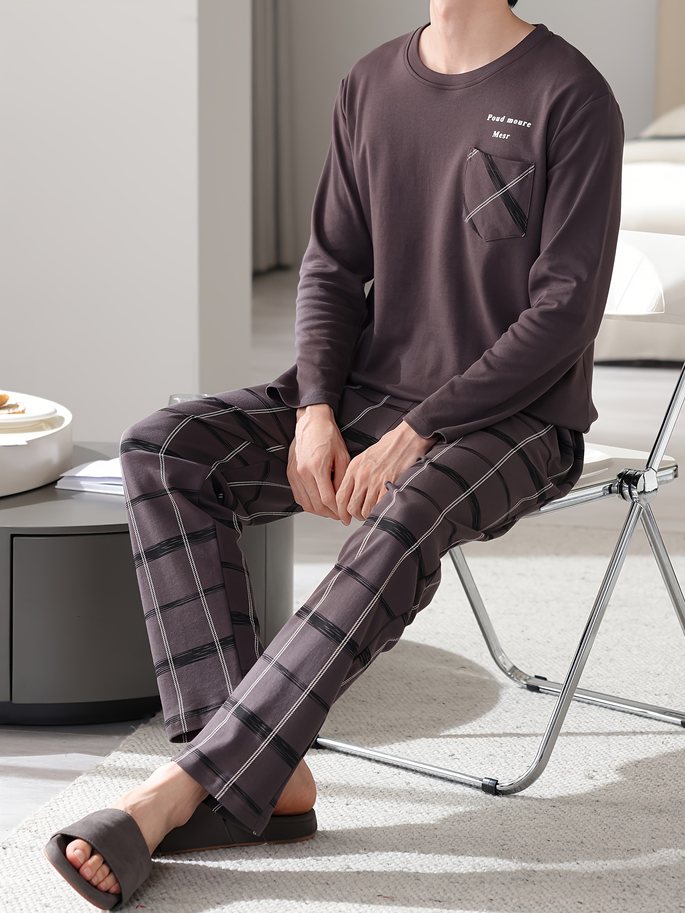 1set Men'S Casual Cotton Pajama Set, Long Sleeve Round Neck Sleepwear with Pockets, Loose Fit Knitted Pullover for Spring/Autumn - Comfortable Thin Cotton Outfit