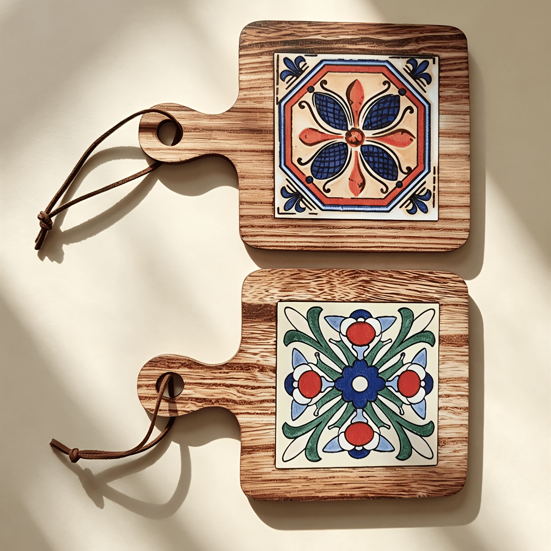 TEMU 2d Flat 2pcs Set Of Floral Wooden Heat-resistant Mats - Vintage Colorful Wooden Heat-resistant Kitchen Placemats 14cm/ 5.5inch, Home Decor,