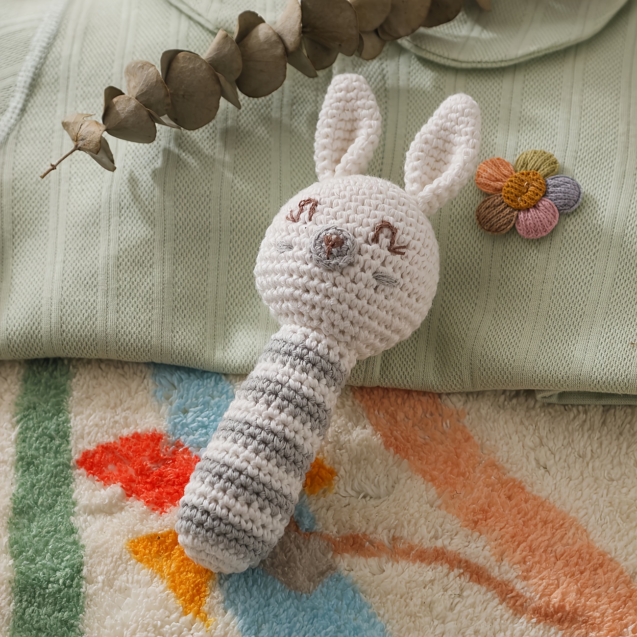 Crochet Rattle Teether Toy Knitted Rabbit Animal Doll with Bell