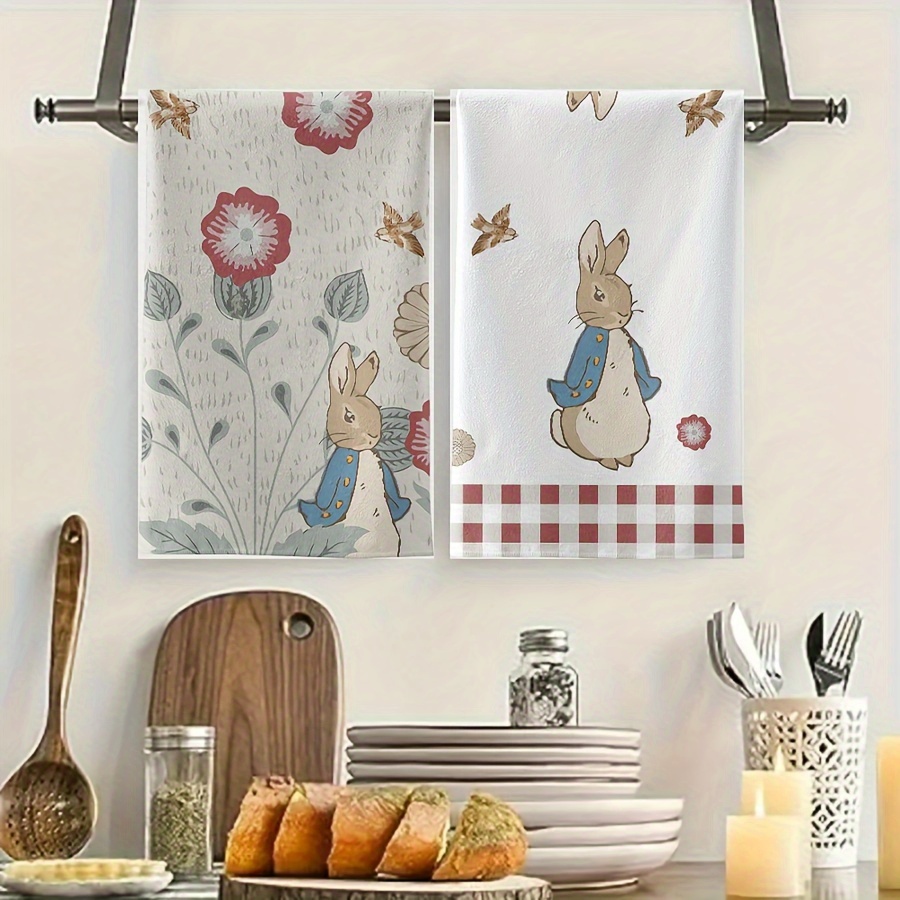 TEMU Easter Microfiber Kitchen Towels Set Of 2 - Modern Cartoon Rabbit Pattern, Soft Absorbent Dish Cloths, Machine Washable, Knit Fabric Dish Towels For Baking, Cooking, Cleaning - Animal Themed