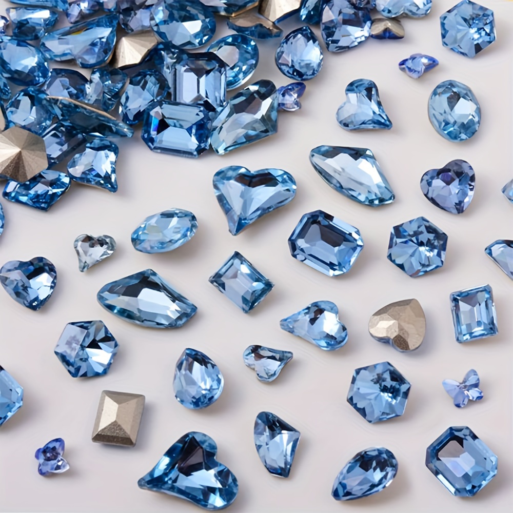 

48pcs Large Mixed Shapes Nail Rhinestones, 12 Styles, 3d Glass Love Twist Heart Super Shiny Pendant Gems, Diy Nail Art Decorative Craft Jewelry In Light Blue
