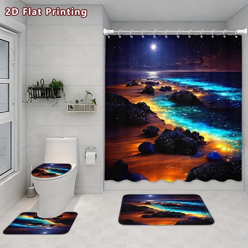 4pcs Ocean Night View Shower Curtain Set with U-Shaped Pad