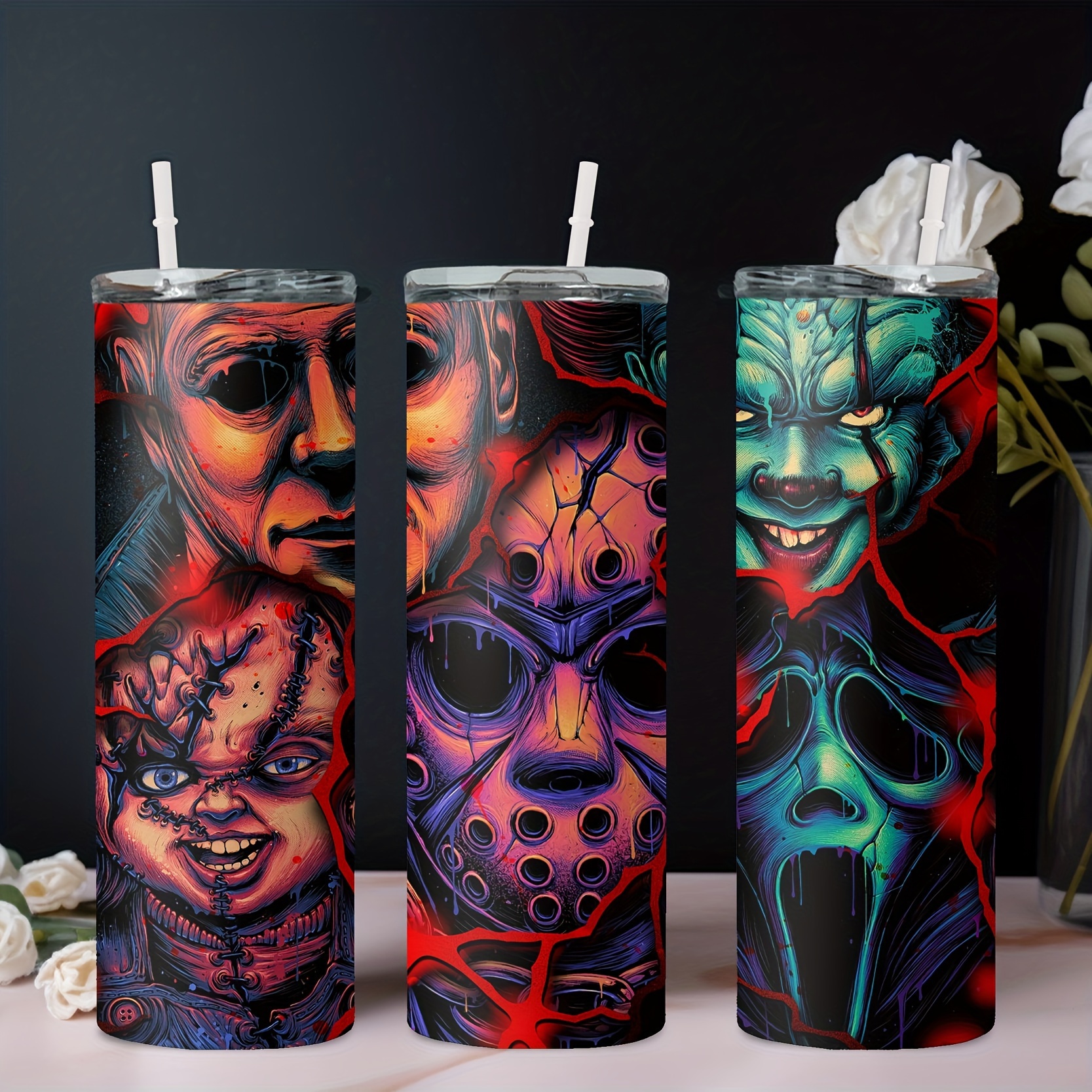 

20oz Halloween Horror Movie Character Stainless Steel Tumbler With Straw - Insulated, Rust-proof & Detachable Cover - Perfect Gift For Family And Friends