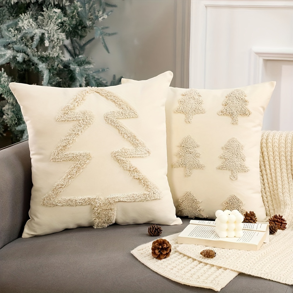 

Set Of 2 Christmas Pillow Covers 18x18 Inch, Decorative Bohemian Farmhouse Throw Pillow Cases, White Textured , Fabric Seasonal Decor For Sofa, Holiday Bedroom, Living Room, No Feathers