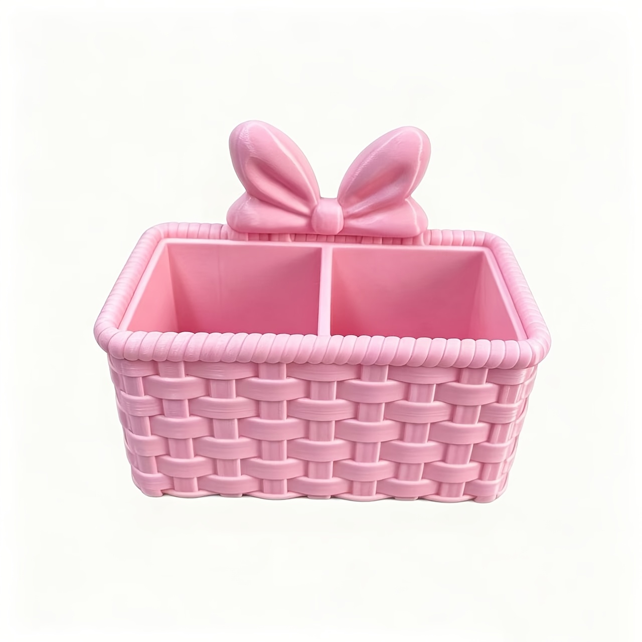 TEMU 1pc Pink Bow Woven Storage Box, Divided Desktop Makeup Organizer, Cute Decorative Storage Container For Vanity, Bedroom, Office Desk Cosmetic