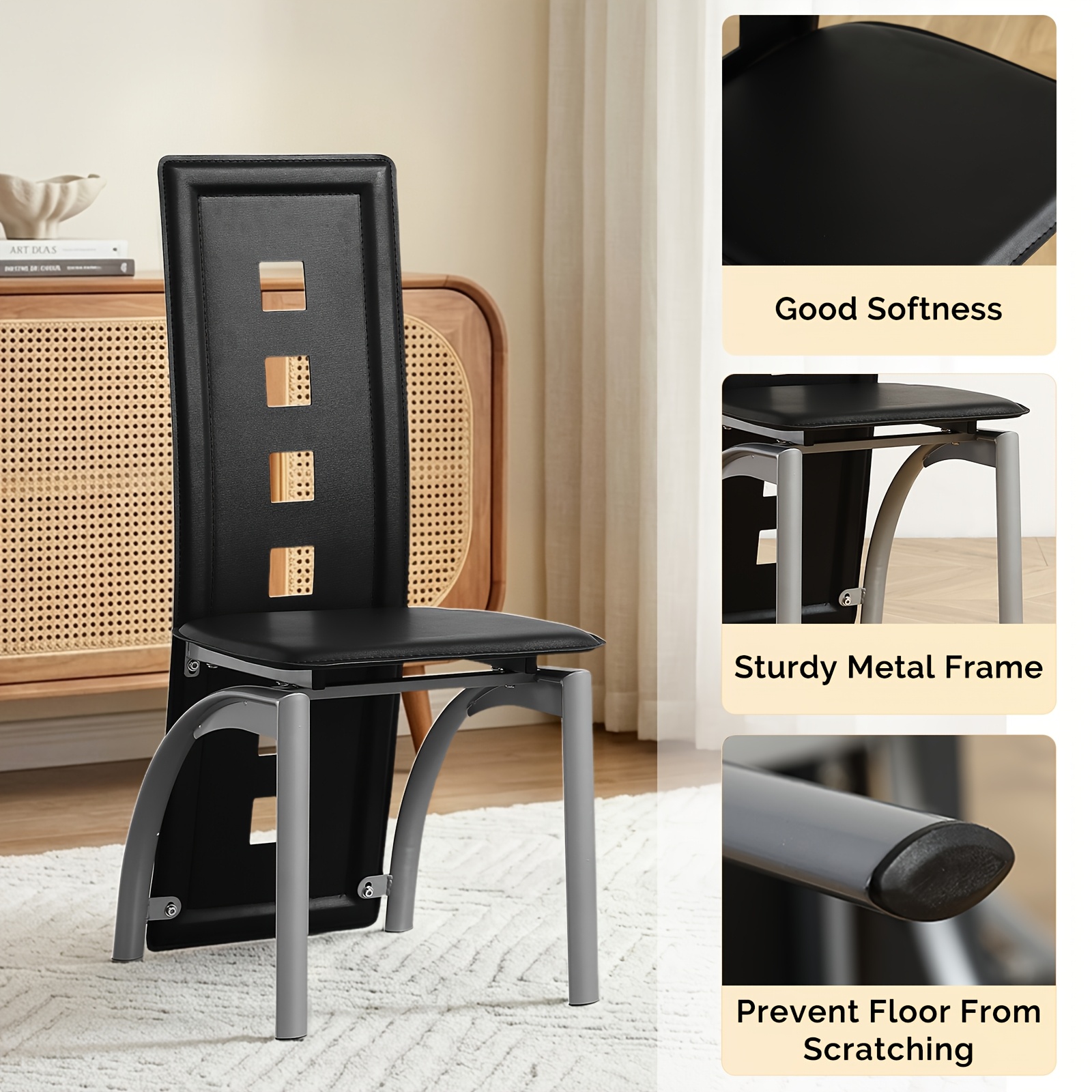 4pcs Hollow Decoration PU Leather Dining Chair Black