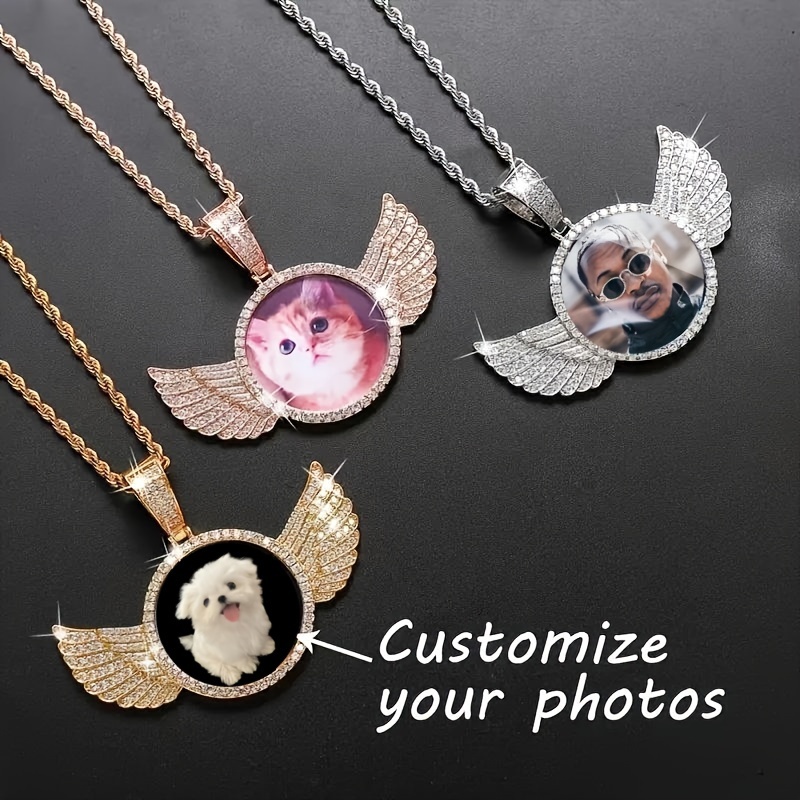 customizable angel wing photo necklace round personalized Temu