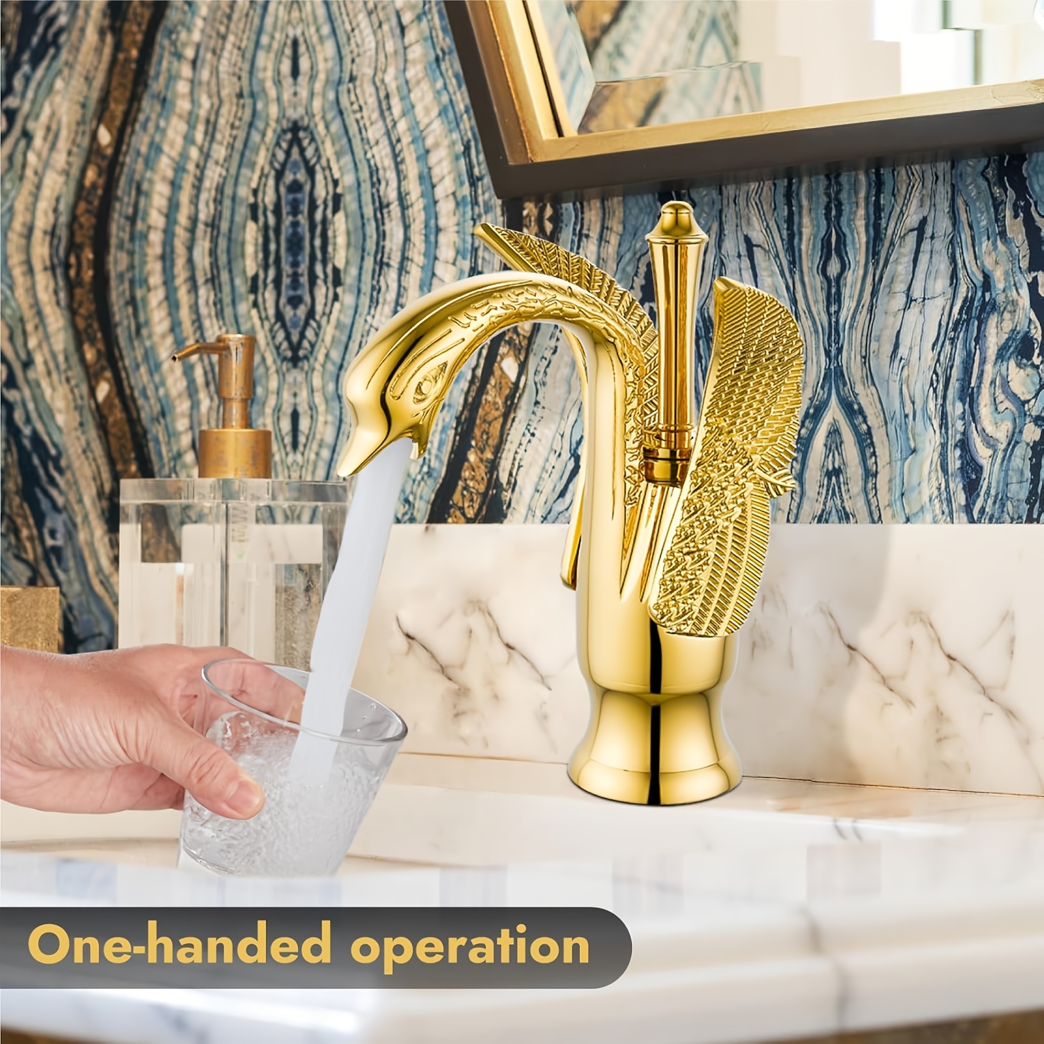 Golden Single Handle Bathroom Faucet, Swan Design Tall Spout 1-hole Deck Mount, Water- Sink Faucet, For Modern Vintage Bathrooms